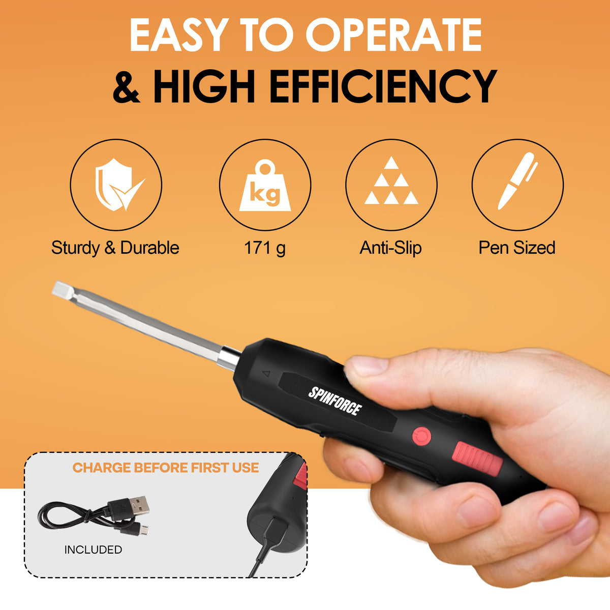 SpinForce screwdriver held in one hand, with grip features and a reminder to charge before first use.