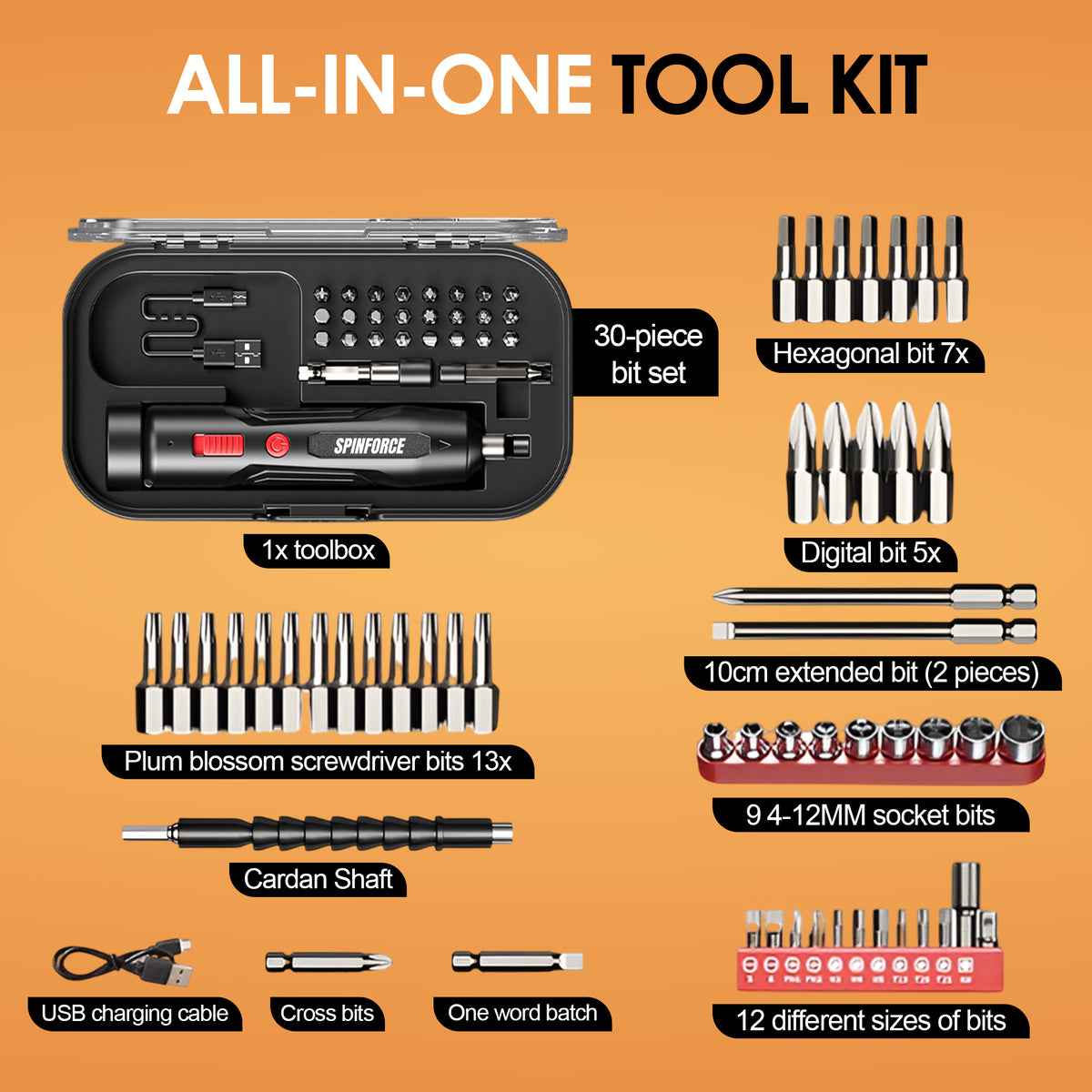 SpinForce kit with carry case, driver bits, extended bits, sockets, flexible shaft and USB charging cable.