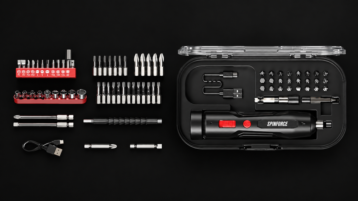 SpinForce screwdriver kit with case, driver bits, sockets, flexible shaft and charging cable