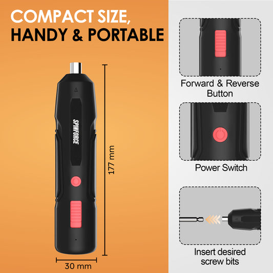 SpinForce compact cordless screwdriver with forward/reverse and power controls, bit holder, and size diagram.